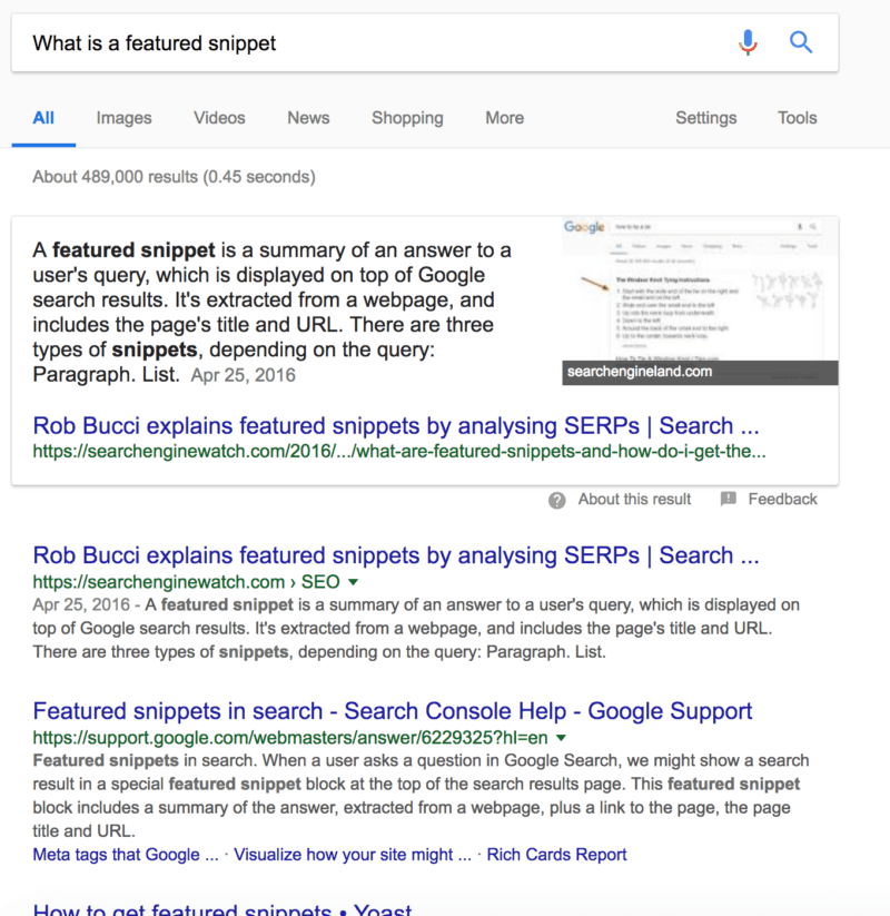screen shot of a featured snippet